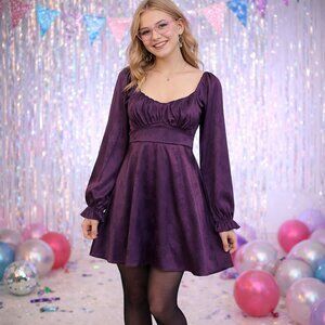 CHARMED HEARTS purple long sleeve satin dress. Gift. Holiday party. Large. NWT